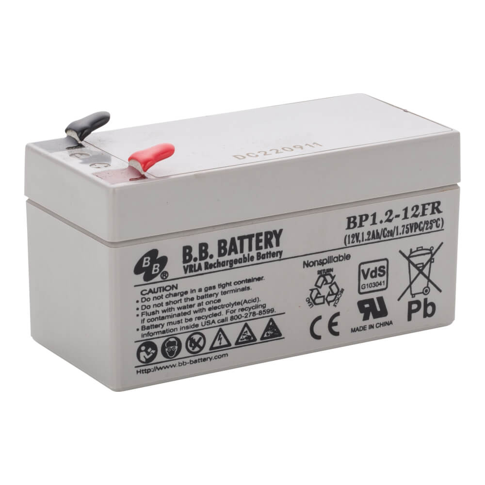 12V 1.2Ah Batterie au plomb (AGM), B.B. Battery BP1.2-12, VdS, 97x45x50 mm  (Lxlxh), Borne T1 Faston 187 (4,75 mm)